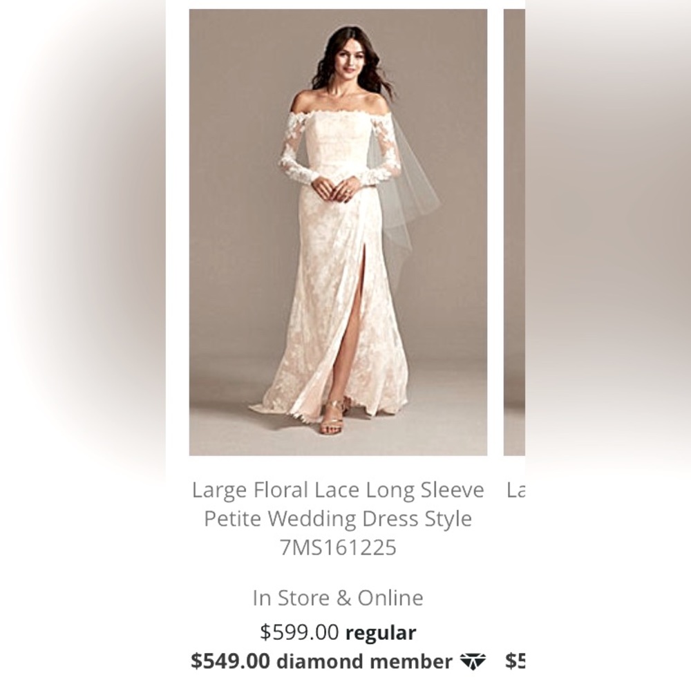 David’s Bridal lace off the shoulder long sleeve wedding gown